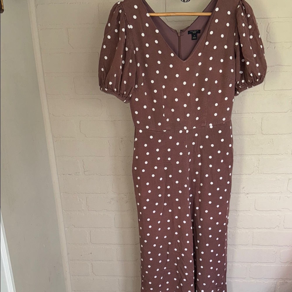 Ann Taylor jumpsuit brown Polka Dot Puff Sleeve 2 petite wide